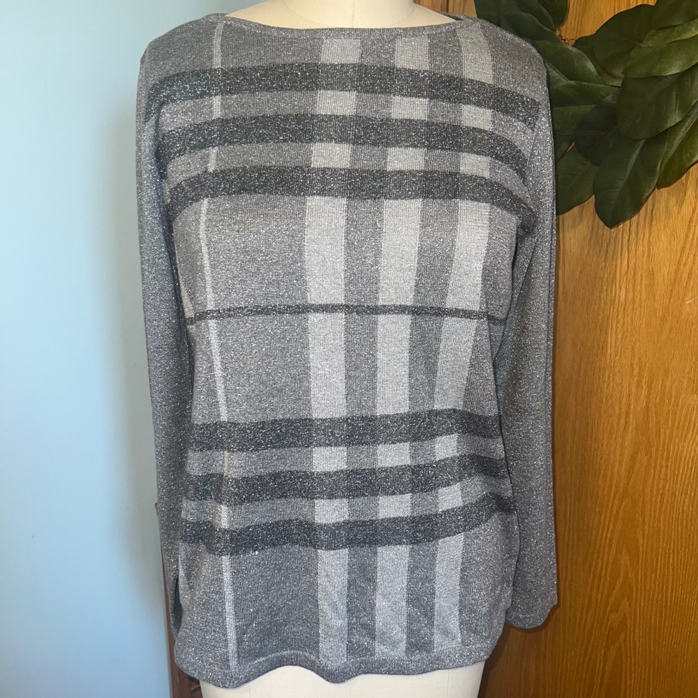 Jones New York Signature Sweater XL Gray Silver Metallic Plaid Long Sleeve